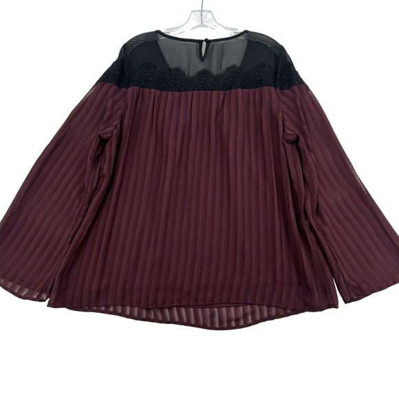 Torrid Womens Plus Sz 0 Burgundy Lace Trim Pleated Bell Sleeve Sheer Blouse Top - Picture 2 of 9